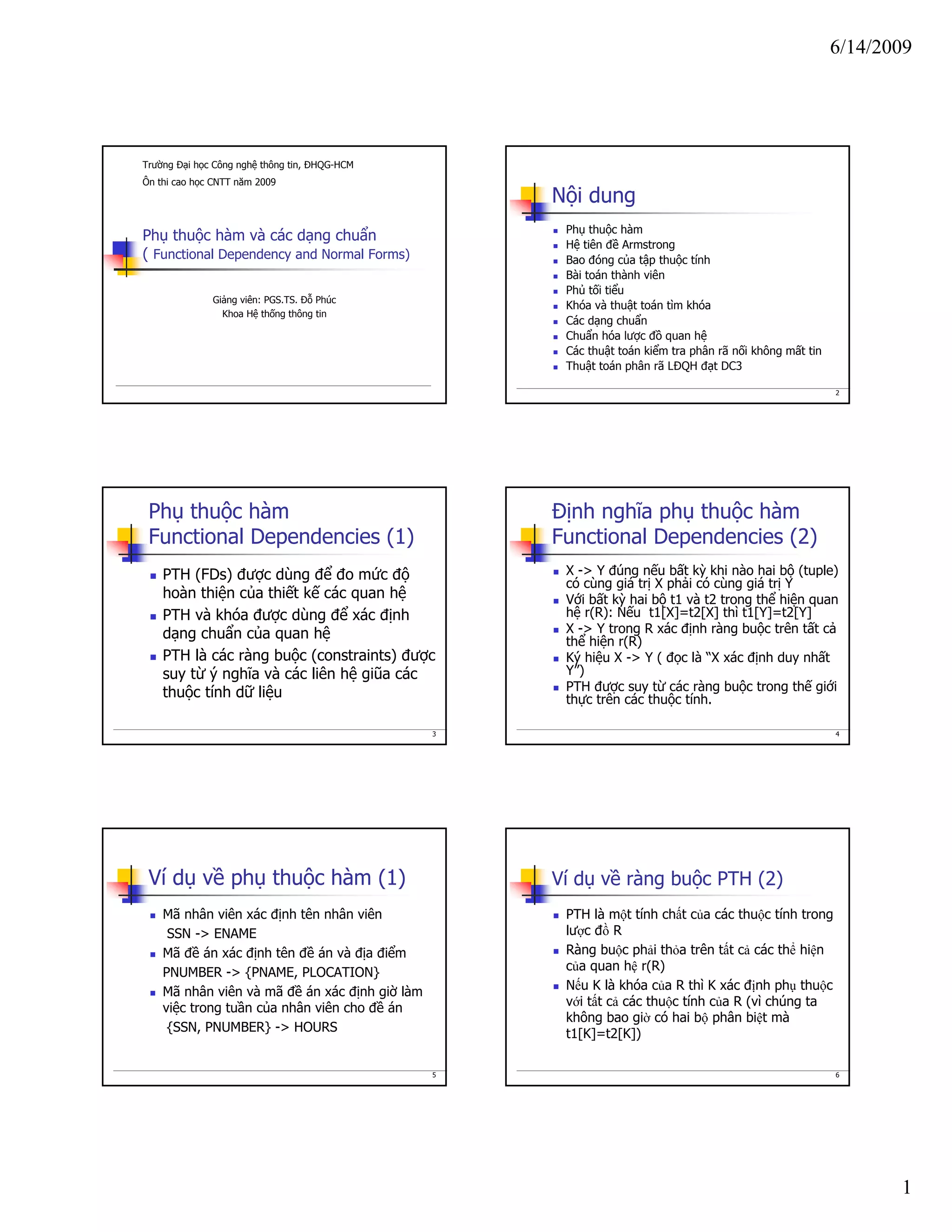 6/14/2009
1
Phụ thuộc hàm và các dạng chuẩn
( Functional Dependency and Normal Forms)
Giảng viên: PGS.TS. Đỗ Phúc
Khoa Hệ thống thông tin
Trường Đại học Công nghệ thông tin, ĐHQG-HCM
Ôn thi cao học CNTT năm 2009
2
Nội dung
Phụ thuộc hàm
Hệ tiên đề Armstrong
Bao đóng của tập thuộc tính
Bài toán thành viên
Phủ tối tiểu
Khóa và thuật toán tìm khóa
Các dạng chuẩn
Chuẩn hóa lược đồ quan hệ
Các thuật toán kiểm tra phân rã nối không mất tin
Thuật toán phân rã LĐQH đạt DC3
3
Phụ thuộc hàm
Functional Dependencies (1)
PTH (FDs) được dùng để đo mức độ
hoàn thiện của thiết kế các quan hệ
PTH và khóa được dùng để xác định
dạng chuẩn của quan hệ
PTH là các ràng buộc (constraints) được
suy từ ý nghĩa và các liên hệ giũa các
thuộc tính dữ liệu
4
Định nghĩa phụ thuộc hàm
Functional Dependencies (2)
X -> Y đúng nếu bất kỳ khi nào hai bộ (tuple)
có cùng giá trị X phải có cùng giá trị Y
Với bất kỳ hai bộ t1 và t2 trong thể hiện quan
hệ r(R): Nếu t1[X]=t2[X] thì t1[Y]=t2[Y]
X -> Y trong R xác định ràng buộc trên tất cả
thể hiện r(R)
Ký hiệu X -> Y ( đọc là “X xác định duy nhất
Y”)
PTH được suy từ các ràng buộc trong thế giới
thực trên các thuộc tính.
5
Ví dụ về phụ thuộc hàm (1)
Mã nhân viên xác định tên nhân viên
SSN -> ENAME
Mã đề án xác định tên đề án và địa điểm
PNUMBER -> {PNAME, PLOCATION}
Mã nhân viên và mã đề án xác định giờ làm
việc trong tuần của nhân viên cho đề án
{SSN, PNUMBER} -> HOURS
6
Ví dụ về ràng buộc PTH (2)
PTH là một tính chất của các thuộc tính trong
lược đồ R
Ràng buộc phải thỏa trên tất cả các thể hiện
của quan hệ r(R)
Nếu K là khóa của R thì K xác định phụ thuộc
với tất cả các thuộc tính của R (vì chúng ta
không bao giờ có hai bộ phân biệt mà
t1[K]=t2[K])
 