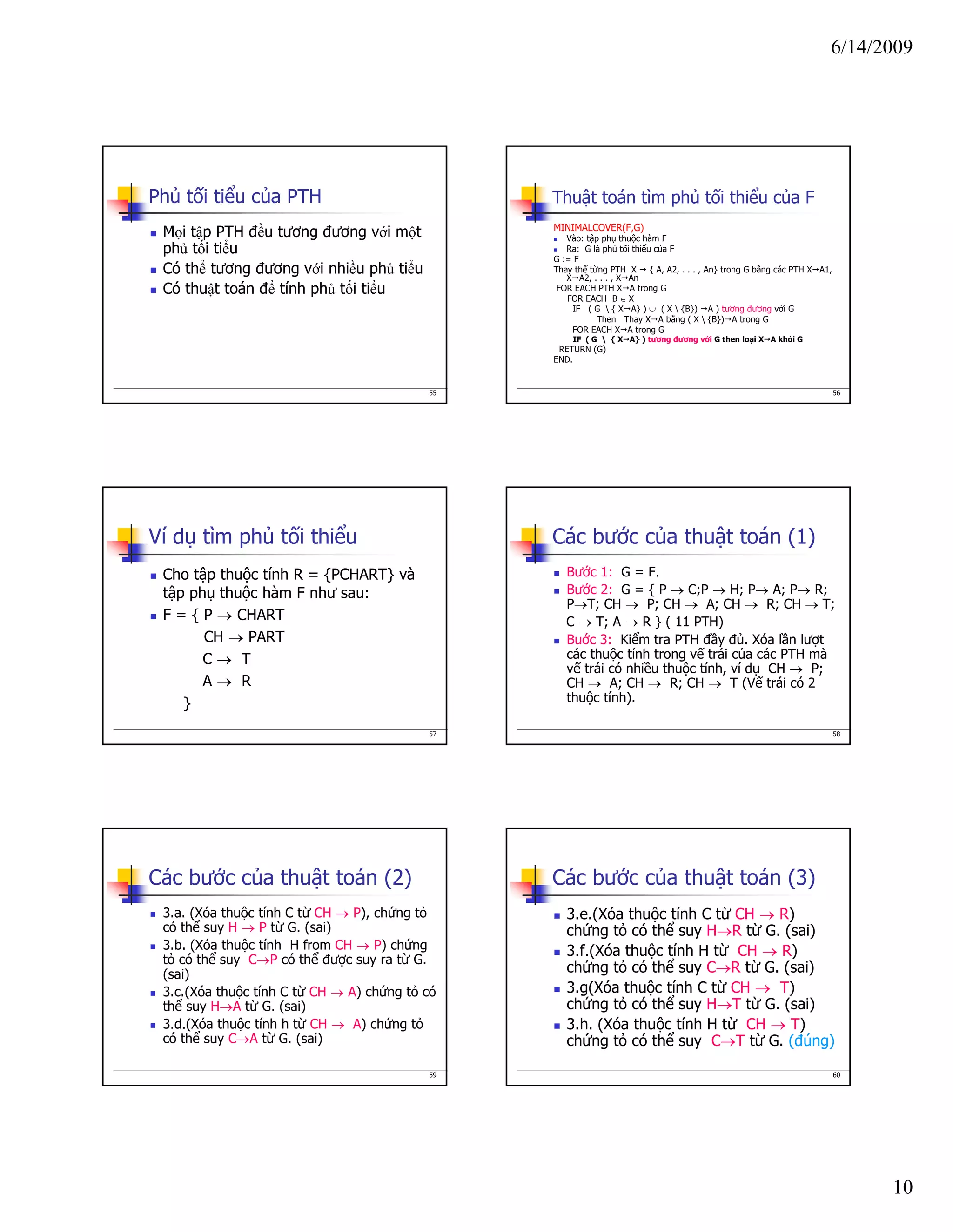 6/14/2009
10
55
Phủ tối tiểu của PTH
Mọi tập PTH đều tương đương với một
phủ tối tiểu
Có thể tương đương với nhiều phủ tiểu
Có thuật toán để tính phủ tối tiểu
56
Thuật toán tìm phủ tối thiểu của F
MINIMALCOVER(F,G)
Vào: tập phụ thuộc hàm F
Ra: G là phủ tối thiểu của F
G := F
Thay thế từng PTH X { A, A2, . . . , An} trong G bằng các PTH X A1,
X A2, . . . , X An
FOR EACH PTH X A trong G
FOR EACH B ∈ X
IF ( G  { X A} ) ∪ ( X  {B}) A ) tương đương với G
Then Thay X A bằng ( X  {B}) A trong G
FOR EACH X A trong G
IF ( G  { X A} ) tương đương với G then loại X A khỏi G
RETURN (G)
END.
57
Ví dụ tìm phủ tối thiểu
Cho tập thuộc tính R = {PCHART} và
tập phụ thuộc hàm F như sau:
F = { P → CHART
CH → PART
C → T
A → R
}
58
Các bước của thuật toán (1)
Bước 1: G = F.
Bước 2: G = { P → C;P → H; P→ A; P→ R;
P→T; CH → P; CH → A; CH → R; CH → T;
C → T; A → R } ( 11 PTH)
Buớc 3: Kiểm tra PTH đầy đủ. Xóa lần lượt
các thuộc tính trong vế trái của các PTH mà
vế trái có nhiều thuộc tính, ví dụ CH → P;
CH → A; CH → R; CH → T (Vế trái có 2
thuộc tính).
59
Các bước của thuật toán (2)
3.a. (Xóa thuộc tính C từ CH → P), chứng tỏ
có thể suy H → P từ G. (sai)
3.b. (Xóa thuộc tính H from CH → P) chứng
tỏ có thể suy C→P có thể được suy ra từ G.
(sai)
3.c.(Xóa thuộc tính C từ CH → A) chứng tỏ có
thể suy H→A từ G. (sai)
3.d.(Xóa thuộc tính h từ CH → A) chứng tỏ
có thể suy C→A từ G. (sai)
60
Các bước của thuật toán (3)
3.e.(Xóa thuộc tính C từ CH → R)
chứng tỏ có thể suy H→R từ G. (sai)
3.f.(Xóa thuộc tính H từ CH → R)
chứng tỏ có thể suy C→R từ G. (sai)
3.g(Xóa thuộc tính C từ CH → T)
chứng tỏ có thể suy H→T từ G. (sai)
3.h. (Xóa thuộc tính H từ CH → T)
chứng tỏ có thể suy C→T từ G. (đúng)
 