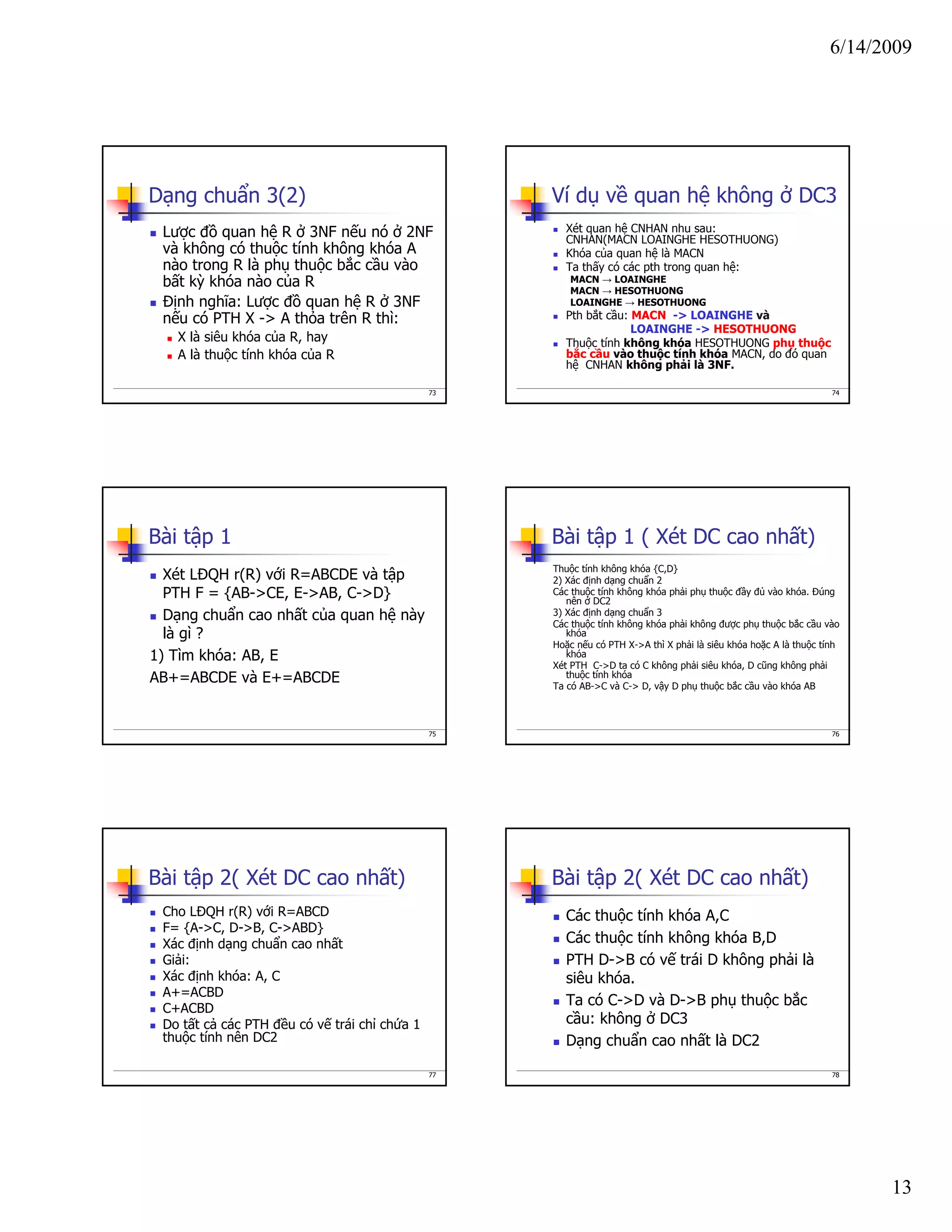 6/14/2009
13
73
Dạng chuẩn 3(2)
Lược đồ quan hệ R ở 3NF nếu nó ở 2NF
và không có thuộc tính không khóa A
nào trong R là phụ thuộc bắc cầu vào
bất kỳ khóa nào của R
Định nghĩa: Lược đồ quan hệ R ở 3NF
nếu có PTH X -> A thỏa trên R thì:
X là siêu khóa của R, hay
A là thuộc tính khóa của R
74
Ví dụ về quan hệ không ở DC3
Xét quan hệ CNHAN nhu sau:
CNHAN(MACN LOAINGHE HESOTHUONG)
Khóa của quan hệ là MACN
Ta thấy có các pth trong quan hệ:
MACN → LOAINGHE
MACN → HESOTHUONG
LOAINGHE → HESOTHUONG
Pth bắt cầu: MACN -> LOAINGHE và
LOAINGHE -> HESOTHUONG
Thuộc tính không khóa HESOTHUONG phụ thuộc
bắc cầu vào thuộc tính khóa MACN, do đó quan
hệ CNHAN không phải là 3NF.
75
Bài tập 1
Xét LĐQH r(R) với R=ABCDE và tập
PTH F = {AB->CE, E->AB, C->D}
Dạng chuẩn cao nhất của quan hệ này
là gì ?
1) Tìm khóa: AB, E
AB+=ABCDE và E+=ABCDE
76
Bài tập 1 ( Xét DC cao nhất)
Thuộc tính không khóa {C,D}
2) Xác định dạng chuẩn 2
Các thuộc tính không khóa phải phụ thuộc đầy đủ vào khóa. Đúng
nên ở DC2
3) Xác định dạng chuẩn 3
Các thuộc tính không khóa phải không được phụ thuộc bắc cầu vào
khóa
Hoặc nếu có PTH X->A thì X phải là siêu khóa hoặc A là thuộc tính
khóa
Xét PTH C->D ta có C không phải siêu khóa, D cũng không phải
thuộc tính khóa
Ta có AB->C và C-> D, vậy D phụ thuộc bắc cầu vào khóa AB
77
Bài tập 2( Xét DC cao nhất)
Cho LĐQH r(R) với R=ABCD
F= {A->C, D->B, C->ABD}
Xác định dạng chuẩn cao nhất
Giải:
Xác định khóa: A, C
A+=ACBD
C+ACBD
Do tất cả các PTH đều có vế trái chỉ chứa 1
thuộc tính nên DC2
78
Bài tập 2( Xét DC cao nhất)
Các thuộc tính khóa A,C
Các thuộc tính không khóa B,D
PTH D->B có vế trái D không phải là
siêu khóa.
Ta có C->D và D->B phụ thuộc bắc
cầu: không ở DC3
Dạng chuẩn cao nhất là DC2
 