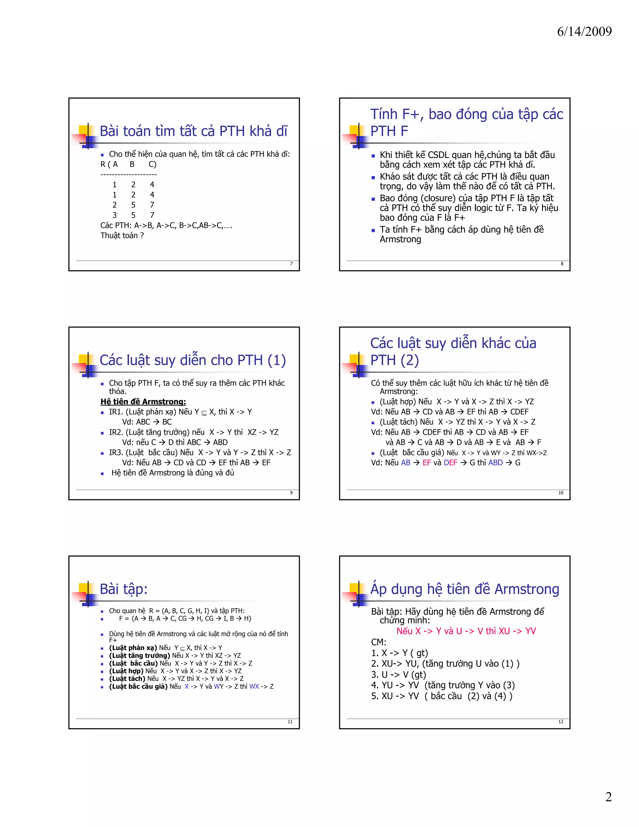 6/14/2009
2
7
Bài toán tìm tất cả PTH khả dĩ
Cho thể hiện của quan hệ, tìm tất cả các PTH khả dĩ:
R ( A B C)
--------------------
1 2 4
1 2 4
2 5 7
3 5 7
Các PTH: A->B, A->C, B->C,AB->C,….
Thuật toán ?
8
Tính F+, bao đóng của tập các
PTH F
Khi thiết kế CSDL quan hệ,chúng ta bắt đầu
bằng cách xem xét tập các PTH khả dĩ.
Khảo sát được tất cả các PTH là điều quan
trọng, do vậy làm thế nào để có tất cả PTH.
Bao đóng (closure) của tập PTH F là tập tất
cả PTH có thể suy diễn logic từ F. Ta ký hiệu
bao đóng của F là F+
Ta tính F+ bằng cách áp dùng hệ tiên đề
Armstrong
9
Các luật suy diễn cho PTH (1)
Cho tập PTH F, ta có thể suy ra thêm các PTH khác
thỏa.
Hệ tiên đề Armstrong:
IR1. (Luật phản xạ) Nếu Y ⊆ X, thì X -> Y
Vd: ABC BC
IR2. (Luật tăng trưởng) nếu X -> Y thì XZ -> YZ
Vd: nếu C D thì ABC ABD
IR3. (Luật bắc cầu) Nếu X -> Y và Y -> Z thì X -> Z
Vd: Nếu AB CD và CD EF thì AB EF
Hệ tiên đề Armstrong là đúng và đủ
10
Các luật suy diễn khác của
PTH (2)
Có thể suy thêm các luật hữu ích khác từ hệ tiên đề
Armstrong:
(Luật hợp) Nếu X -> Y và X -> Z thì X -> YZ
Vd: Nếu AB CD và AB EF thì AB CDEF
(Luật tách) Nếu X -> YZ thì X -> Y và X -> Z
Vd: Nếu AB CDEF thì AB CD và AB EF
và AB C và AB D và AB E và AB F
(Luật bắc cầu giả) Nếu X -> Y và WY -> Z thì WX->Z
Vd: Nếu AB EF và DEF G thì ABD G
11
Bài tập:
Cho quan hệ R = (A, B, C, G, H, I) và tập PTH:
F = {A B, A C, CG H, CG I, B H}
Dùng hệ tiên đề Armstrong và các luật mở rộng của nó để tính
F+
(Luật phản xạ) Nếu Y ⊆ X, thì X -> Y
(Luật tăng trưởng) Nếu X -> Y thì XZ -> YZ
(Luật bắc cầu) Nếu X -> Y và Y -> Z thì X -> Z
(Luật hợp) Nếu X -> Y và X -> Z thì X -> YZ
(Luật tách) Nếu X -> YZ thì X -> Y và X -> Z
(Luật bắc cầu giả) Nếu X -> Y và WY -> Z thì WX -> Z
12
Áp dụng hệ tiên đề Armstrong
Bài tập: Hãy dùng hệ tiên đề Armstrong để
chứng minh:
Nếu X -> Y và U -> V thì XU -> YV
CM:
1. X -> Y ( gt)
2. XU-> YU, (tăng trưởng U vào (1) )
3. U -> V (gt)
4. YU -> YV (tăng trưởng Y vào (3)
5. XU -> YV ( bắc cầu (2) và (4) )
 