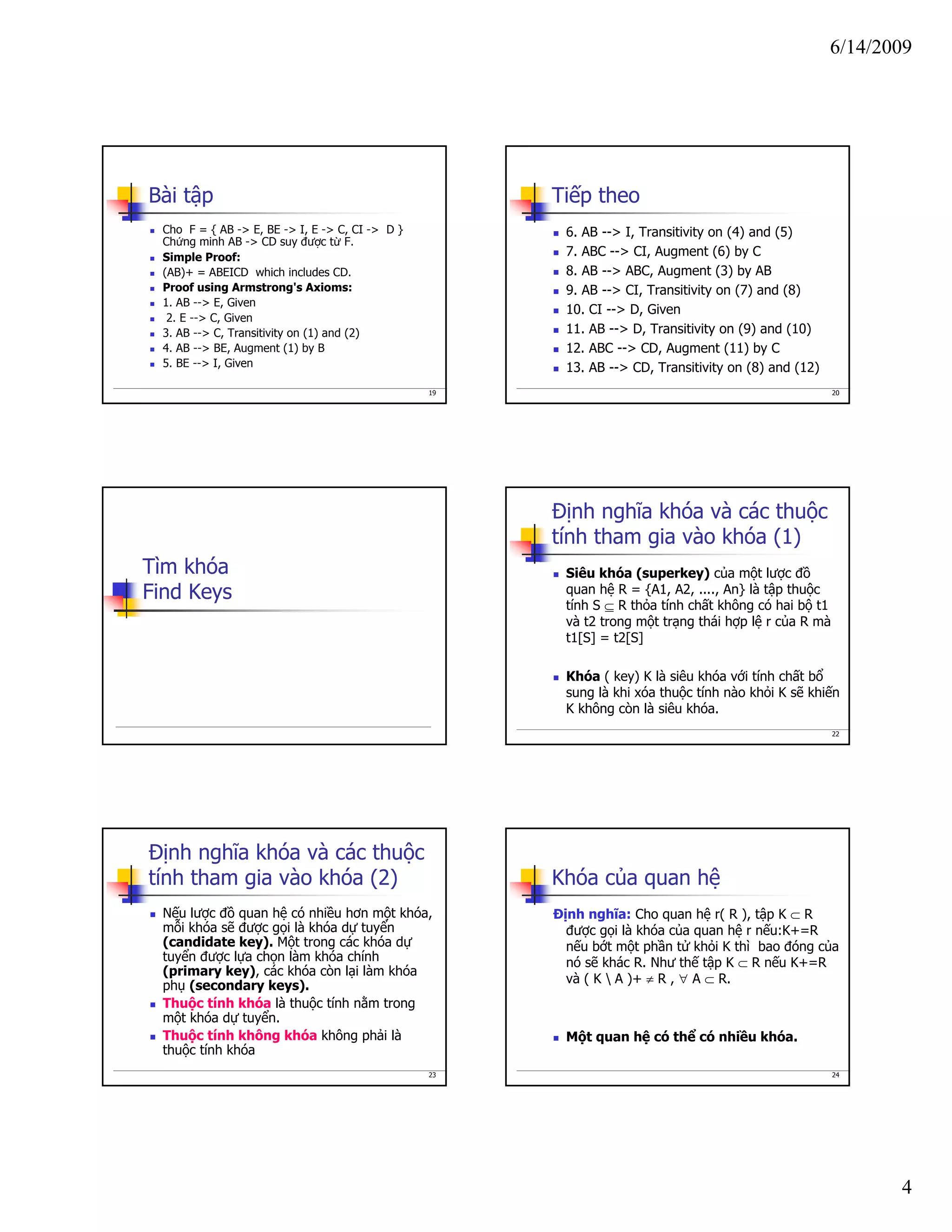 6/14/2009
4
19
Bài tập
Cho F = { AB -> E, BE -> I, E -> C, CI -> D }
Chứng minh AB -> CD suy được từ F.
Simple Proof:
(AB)+ = ABEICD which includes CD.
Proof using Armstrong's Axioms:
1. AB --> E, Given
2. E --> C, Given
3. AB --> C, Transitivity on (1) and (2)
4. AB --> BE, Augment (1) by B
5. BE --> I, Given
20
Tiếp theo
6. AB --> I, Transitivity on (4) and (5)
7. ABC --> CI, Augment (6) by C
8. AB --> ABC, Augment (3) by AB
9. AB --> CI, Transitivity on (7) and (8)
10. CI --> D, Given
11. AB --> D, Transitivity on (9) and (10)
12. ABC --> CD, Augment (11) by C
13. AB --> CD, Transitivity on (8) and (12)
Tìm khóa
Find Keys
22
Định nghĩa khóa và các thuộc
tính tham gia vào khóa (1)
Siêu khóa (superkey) của một lược đồ
quan hệ R = {A1, A2, ...., An} là tập thuộc
tính S ⊆ R thỏa tính chất không có hai bộ t1
và t2 trong một trạng thái hợp lệ r của R mà
t1[S] = t2[S]
Khóa ( key) K là siêu khóa với tính chất bổ
sung là khi xóa thuộc tính nào khỏi K sẽ khiến
K không còn là siêu khóa.
23
Định nghĩa khóa và các thuộc
tính tham gia vào khóa (2)
Nếu lược đồ quan hệ có nhiều hơn một khóa,
mỗi khóa sẽ được gọi là khóa dự tuyển
(candidate key). Một trong các khóa dự
tuyển được lựa chọn làm khóa chính
(primary key), các khóa còn lại làm khóa
phụ (secondary keys).
Thuộc tính khóa là thuộc tính nằm trong
một khóa dự tuyển.
Thuộc tính không khóa không phải là
thuộc tính khóa
24
Khóa của quan hệ
Định nghĩa: Cho quan hệ r( R ), tập K ⊂ R
được gọi là khóa của quan hệ r nếu:K+=R
nếu bớt một phần tử khỏi K thì bao đóng của
nó sẽ khác R. Như thế tập K ⊂ R nếu K+=R
và ( K  A )+ ≠ R , ∀ A ⊂ R.
Một quan hệ có thể có nhiều khóa.
 