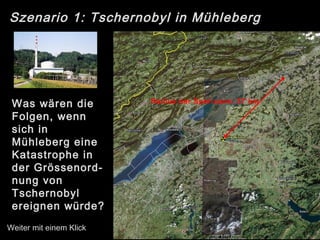 Szenario 1: Tschernobyl in Mühleberg
Was wären die
Folgen, wenn
sich in
Mühleberg eine
Katastrophe in
der Grössenord-
nung von
Tschernobyl
ereignen würde?
Weiter mit einem Klick
Radius der Sperrzone: 37 km
 