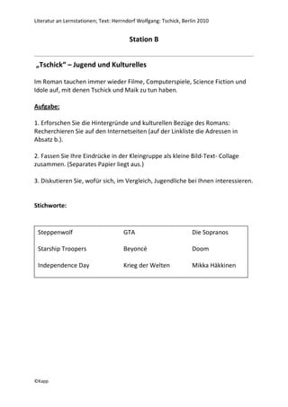 Literatur an Lernstationen; Text: Herrndorf Wolfgang: Tschick, Berlin 2010


                                        Station B


„Tschick“ – Jugend und Kulturelles

Im Roman tauchen immer wieder Filme, Computerspiele, Science Fiction und
Idole auf, mit denen Tschick und Maik zu tun haben.

Aufgabe:

1. Erforschen Sie die Hintergründe und kulturellen Bezüge des Romans:
Recherchieren Sie auf den Internetseiten (auf der Linkliste die Adressen in
Absatz b.).

2. Fassen Sie Ihre Eindrücke in der Kleingruppe als kleine Bild-Text- Collage
zusammen. (Separates Papier liegt aus.)

3. Diskutieren Sie, wofür sich, im Vergleich, Jugendliche bei Ihnen interessieren.


Stichworte:


 Steppenwolf                         GTA                          Die Sopranos

 Starship Troopers                   Beyoncé                      Doom

 Independence Day                    Krieg der Welten             Mikka Häkkinen




©Kapp
 