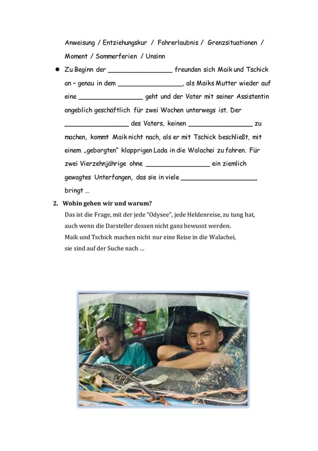 Tschick Stationen Der Reise Arbeitsblatt Lösungen Tschick Arbeitsblatt ab B1 | DOCX