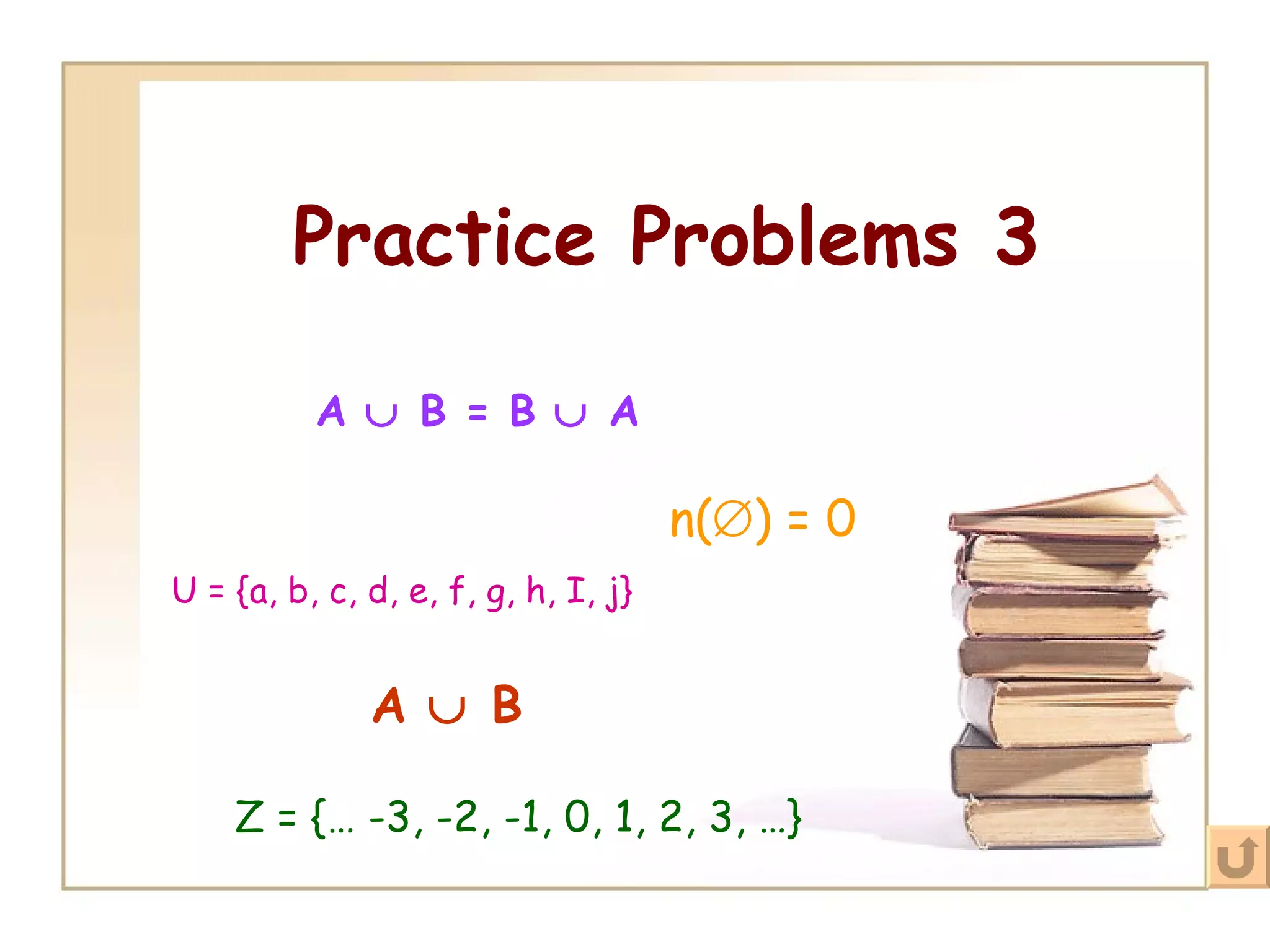 Practice Problems 3 A    B = B    A A    B n(  ) = 0   U = {a, b, c, d, e, f, g, h, I, j} Z = {… -3, -2, -1, 0, 1, 2, 3, …}   