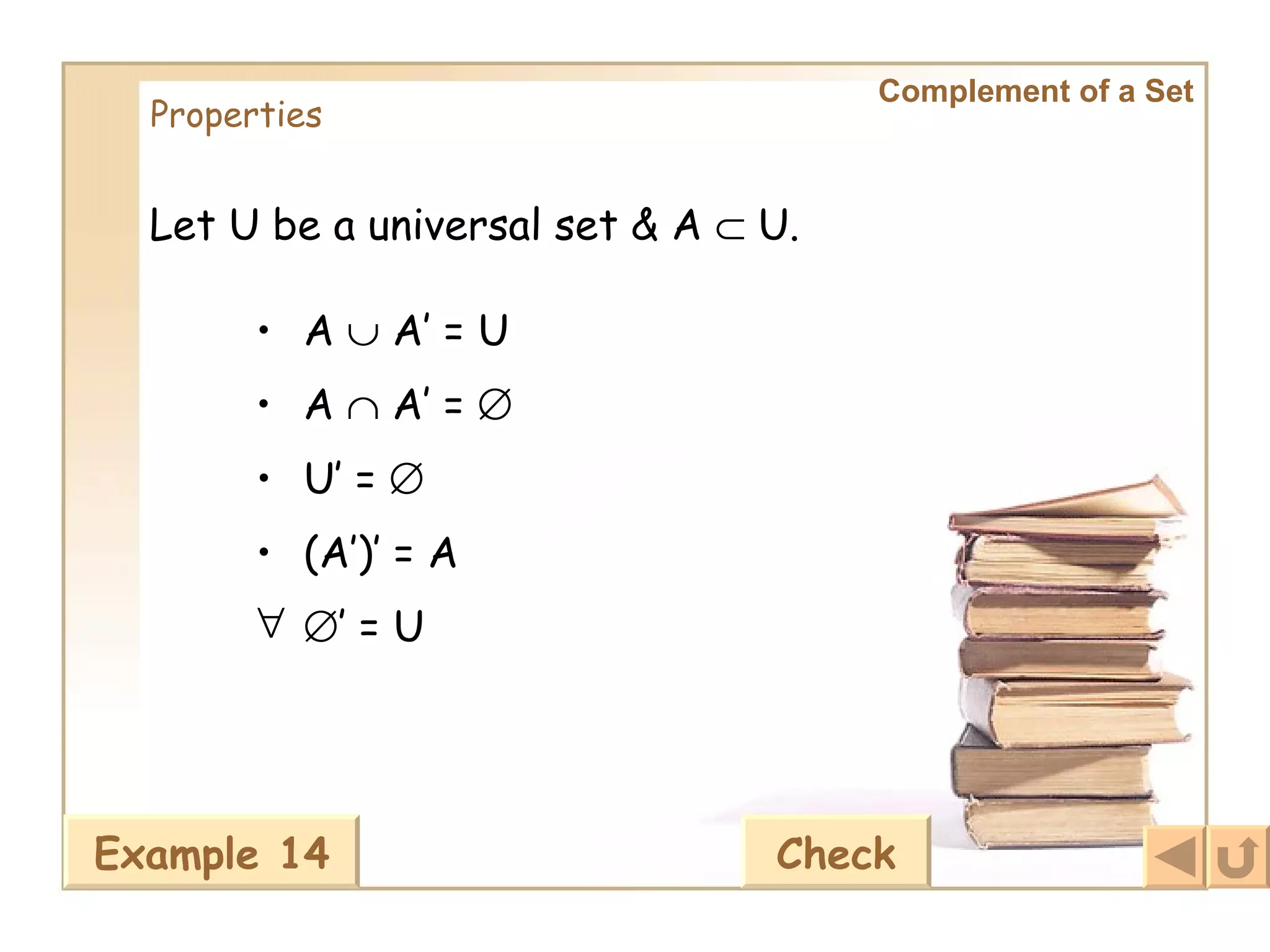 Let U be a universal set & A    U. Complement of a Set Properties A    A’ = U   A    A’ =     U’ =     (A’)’ = A    ’  = U   Example 14 Check 