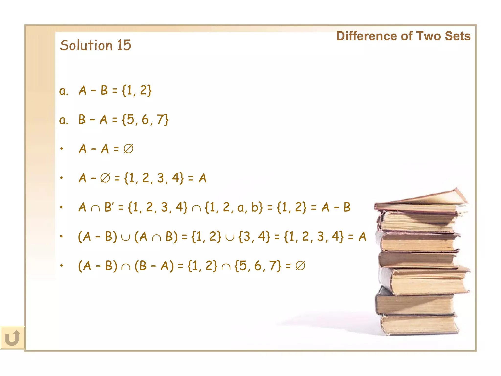 A – B = {1, 2} Solution 15 Difference of Two Sets B – A = {5, 6, 7} A – A =   A –    = {1, 2, 3, 4} = A A    B’ = {1, 2, 3, 4}    {1, 2, a, b} = {1, 2} = A – B   (A – B)    (A    B) = {1, 2}    {3, 4} = {1, 2, 3, 4} = A (A – B)    (B – A) = {1, 2}    {5, 6, 7} =   