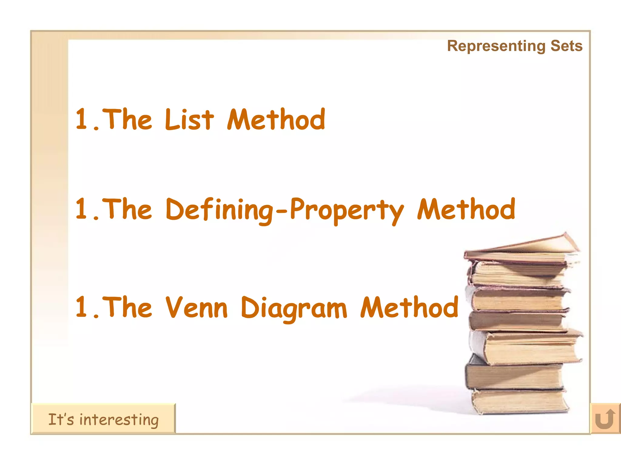 Representing Sets The List Method The Defining-Property Method The Venn Diagram Method It’s interesting 