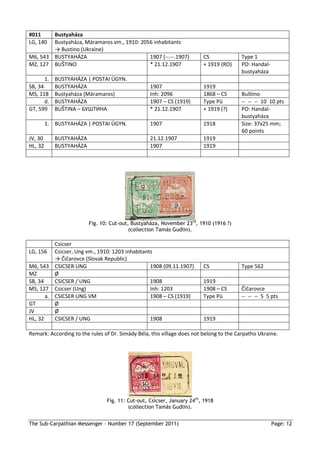 #011    Bustyaháza
LG, 140 Bustyaháza, Máramaros vm., 1910: 2056 inhabitants
        → Bustino (Ukraine)
M6, 543 BUSTYAHÁZA                          1907 (--.--.1907)           CS              Type 1
MZ, 127 BUŠTINO                             * 21.12.1907                + 1919 (RO)     PO: Handal-
                                                                                        bustyaháza
       1. BUSTYAHÁZA | POSTAI ÜGYN.
SB, 34    BUSTYAHÁZA                              1907                  1919
MS, 118 Bustyaháza (Máramaros)                    Inh: 2096             1868 – CS       Buštino
       d. BUSTYAHÁZA                              1907 – CS (1919)      Type Pü         -- -- -- 10 10 pts
GT, 599 BUŠTINA – БУШТИНА                         * 21.12.1907          + 1919 (?)      PO: Handal-
                                                                                        bustyaháza
         1. BUSTYAHÁZA | POSTAI ÜGYN.             1907                  1918            Size: 37x25 mm;
                                                                                        60 points
JV, 30      BUSTYAHÁZA                            21.12.1907            1919
HL, 32      BUSTYAHÁZA                            1907                  1919




                         Fig. 10: Cut-out, Bustyaháza, November 23rd, 1910 (1916 ?)
                                          (collection Tamás Gudlin).

          Csicser
LG, 156   Csicser, Ung vm., 1910: 1203 inhabitants
          → Čičarovce (Slovak Republic)
M6, 543 CSICSER UNG                              1908 (09.11.1907)      CS              Type 562
MZ        Ø
SB, 34    CSICSER / UNG                          1908                   1919
MS, 127 Csicser (Ung)                            Inh: 1203              1908 – CS       Čičarovce
       a. CSICSER UNG VM                         1908 – CS (1919)       Type Pü         -- -- -- 5 5 pts
GT        Ø
JV        Ø
HL, 32    CSICSER / UNG                          1908                   1919

Remark: According to the rules of Dr. Simády Béla, this village does not belong to the Carpatho Ukraine.




                                Fig. 11: Cut-out, Csicser, January 24th, 1918
                                         (collection Tamás Gudlin).


The Sub-Carpathian Messenger – Number 17 (September 2011)                                             Page: 12
 