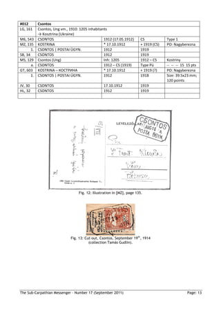 #012        Csontos
LG, 161     Csontos, Ung vm., 1910: 1205 inhabitants
            → Kosztrina (Ukraine)
M6, 543     CSONTOS                               1912 (17.05.1912)      CS            Type 1
MZ, 135     KOSTRINA                              * 17.10.1912           + 1919 (CS)   PO: Nagyberezna
       1.   CSONTOS | POSTAI ÜGYN.                1912                   1919
SB, 34      CSONTOS                               1912                   1919
MS, 129     Csontos (Ung)                         Inh: 1205              1912 – CS     Kostriny
       a.   CSONTOS                               1912 – CS (1919)       Type Pü       -- -- -- 15 15 pts
GT, 603     KOSTRINA – КОСТРИНА                   * 17.10.1912           + 1919 (?)    PO: Nagyberezna
       1.   CSONTOS | POSTAI ÜGYN.                1912                   1918          Size: 39.5x23 mm;
                                                                                       120 points
JV, 30      CSONTOS                               17.10.1912             1919
HL, 32      CSONTOS                               1912                   1919




                                   Fig. 12: Illustration in [MZ], page 135.




                              Fig. 13: Cut-out, Csontos, September 19th, 1914
                                         (collection Tamás Gudlin).




The Sub-Carpathian Messenger – Number 17 (September 2011)                                          Page: 13
 