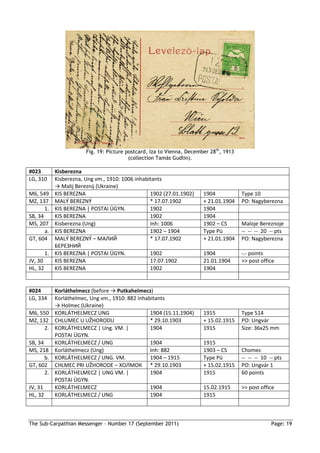 Fig. 19: Picture postcard, Iza to Vienna, December 28th, 1913
                                            (collection Tamás Gudlin).

#023          Kisberezna
LG, 310       Kisberezna, Ung vm., 1910: 1006 inhabitants
              → Malij Bereznij (Ukraine)
M6, 549       KIS BEREZNA                           1902 (27.01.1902)     1904            Type 10
MZ, 137       MALÝ BEREZNÝ                          * 17.07.1902          + 21.01.1904    PO: Nagyberezna
       1.     KIS BEREZNA | POSTAI ÜGYN.            1902                  1904
SB, 34        KIS BEREZNA                           1902                  1904
MS, 207       Kisberezna (Ung)                      Inh: 1006             1902 – CS       Maloje Bereznoje
       a.     KIS BEREZNA                           1902 – 1904           Type Pü         -- -- -- 20 -- pts
GT, 604       MALÝ BEREZNÝ – МАЛИЙ                  * 17.07.1902          + 21.01.1904    PO: Nagyberezna
              БЕРЕЗНИЙ
         1.   KIS BEREZNA | POSTAI ÜGYN.            1902                  1904            -.- points
JV, 30        KIS BEREZNA                           17.07.1902            21.01.1904      >> post office
HL, 32        KIS BEREZNA                           1902                  1904


#024          Korláthelmecz (before → Putkahelmecz)
LG, 334       Korláthelmec, Ung vm., 1910: 882 inhabitants
              → Holmec (Ukraine)
M6, 550       KORLÁTHELMECZ UNG                     1904 (15.11.1904)     1915            Type 514
MZ, 132       CHLUMEC U UŽHORODU                    * 29.10.1903          + 15.02.1915    PO: Ungvár
      2.      KORLÁTHELMECZ | Ung. VM. |            1904                  1915            Size: 36x25 mm
              POSTAI ÜGYN.
SB, 34        KORLÁTHELMECZ / UNG                   1904                  1915
MS, 218       Korláthelmecz (Ung)                   Inh: 882              1903 – CS       Chomec
       b.     KORLÁTHELMECZ / UNG. VM.              1904 – 1915           Type Pü         -- -- -- 10 -- pts
GT, 602       CHLMEC PRI UŽHORODE – ХОЛМОК * 29.10.1903                   + 15.02.1915    PO: Ungvár 1
       2.     KORLÁTHELMECZ | UNG VM. |             1904                  1915            60 points
              POSTAI ÜGYN.
JV, 31        KORLÁTHELMECZ                         1904                  15.02.1915      >> post office
HL, 32        KORLÁTHELMECZ / UNG                   1904                  1915



The Sub-Carpathian Messenger – Number 17 (September 2011)                                              Page: 19
 