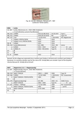 Fig. 22: Cut-out, Kökényes, February 24th, 1907
                                          (collection Tamás Gudlin).



#026        Lonka
LG, 369     Lonka, Máramaros vm., 1910: 2385 inhabitants
            → Luh (Ukraine); Lunca la Tisa (Romania)
M6, 552     LONKA                                  1912 (12.08.1912)      14.10.1914      Type 1
M6, 552     LONKA                                  1914 (29.10.1914)      RO              Type 777
MZ, 137     LUH                                    * 22.02.1912           + 1919 (RO)     PO: Nagybocskó
       1.   LONKA | POSTAI ÜGYN.                   1912                   1914
       2.   LONKA | A A | POSTAI ÜGYN.             1914                   1919
SB, 34      LONKA                                  1912                   1914
MS, 234     Lonka (Máramaros)                      Inh: 2385              1912 – RO       Lonca
       a.   LONKA                                  1912 – 1914            Type Pü         -- -- -- 15 -- pts
       b.   LONKA / A                              1914 – RO (1919)       Type Pü         -- -- -- 10 10 pts
GT          Ø
JV          Ø
HL, 32      LONKA                                  1912                   1914

Remark: As this village was separated into a northern part (today in Ukraine) and a southern part (today in
Romania), it is certainly a border case for the rules of Dr. Simády Béla; we consider it part of the Carpatho
Ukraine because Dr. Simády did so himself.


#027        Nagyturicza (later → Nagyturjaszög)
LG, 429     Nagyturjaszög, Ung vm., 1910: 906 inhabitants
            → Turicja (Ukraine)
M6, 554     NAGY TURICZA                          1902 (--.--.1902)       1904            Type 10
MZ, 146     TUŘICE                                * 17.07.1902            + 1919 (HU)     PO: Turjaremete
       1.   NAGY TURICZA | POSTAI ÜGYN.           1902                    1904
SB          Ø
MS, 276     Nagyturjaszög (Ung)                   Inh: 906                1902 – CS       Veľká Turica
       a.   NAGY TURICZA                          1902 – 1904             Type Pü         -- -- -- 25 -- pts
GT, 610     TURICA – ТУРИЦЯ                       * 17.07.1902            1904            PO: Turjaremete
       1.   NAGY TURICZA | POSTAI ÜGYN.           1902                    1904            -.- points
JV, 31      NAGY TURICZA                          17.07.1902              1904
HL          Ø




The Sub-Carpathian Messenger – Number 17 (September 2011)                                              Page: 21
 