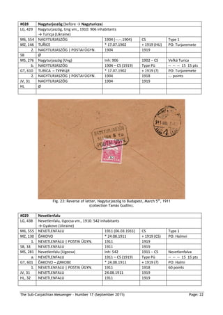 #028        Nagyturjaszög (before → Nagyturicza)
LG, 429     Nagyturjaszög, Ung vm., 1910: 906 inhabitants
            → Turicja (Ukraine)
M6, 554     NAGYTURJASZÖG                         1904 (--.--.1904)     CS              Type 1
MZ, 146     TUŘICE                                * 17.07.1902          + 1919 (HU)     PO: Turjaremete
       2.   NAGYTURJASZÖG | POSTAI ÜGYN.          1904                  1919
SB          Ø
MS, 276     Nagyturjaszög (Ung)                   Inh: 906              1902 – CS       Veľká Turica
       b.   NAGYTURJASZÖG                         1904 – CS (1919)      Type Pü         -- -- -- 15 15 pts
GT, 610     TURICA – ТУРИЦЯ                       * 17.07.1902          + 1919 (?)      PO: Turjaremete
       2.   NAGYTURJASZÖG | POSTAI ÜGYN.          1904                  1918            -.- points
JV, 31      NAGYTURJASZÖG                         1904                  1919
HL          Ø




                    Fig. 23: Reverse of letter, Nagyturjaszög to Budapest, March 5th, 1911
                                           (collection Tamás Gudlin).

#029        Nevetlenfalu
LG, 438     Nevetlenfalu, Ugocsa vm., 1910: 542 inhabitants
            → Gyakovo (Ukraine)
M6, 555     NEVETLENFALU                          1911 (06.03.1911)     CS              Type 1
MZ, 130     ĎAKOVO                                * 24.08.1911          + 1919 (CS)     PO: Halmei
       1.   NEVETLENFALU | POSTAI ÜGYN.           1911                  1919
SB, 34      NEVETLENFALU                          1911                  1919
MS, 281     Nevetlenfalu (Ugocsa)                 Inh: 542              1911 – CS       Nevetlenfalva
       a.   NEVETLENFALU                          1911 – CS (1919)      Type Pü         -- -- -- 15 15 pts
GT, 601     ĎAKOVO – ДЯКОВЕ                       * 24.08.1911          + 1919 (?)      PO: Halmi
       1.   NEVETLENFALU | POSTAI ÜGYN.           1911                  1918            60 points
JV, 31      NEVETLENFALU                          24.08.1911            1919
HL, 32      NEVETLENFALU                          1911                  1919



The Sub-Carpathian Messenger – Number 17 (September 2011)                                            Page: 22
 