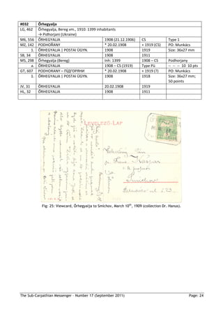 #032        Őrhegyalja
LG, 462     Őrhegyalja, Bereg vm., 1910: 1399 inhabitants
            → Pidhorjani (Ukraine)
M6, 556     ŐRHEGYALJA                            1908 (21.12.1906)     CS              Type 1
MZ, 142     PODHOŘANY                             * 20.02.1908          + 1919 (CS)     PO: Munkács
       1.   ŐRHEGYALJA | POSTAI ÜGYN.             1908                  1919            Size: 36x27 mm
SB, 34      ŐRHEGYALJA                            1908                  1911
MS, 298     Őrhegyalja (Bereg)                    Inh: 1399             1908 – CS       Podhorjany
       a.   ŐRHEGYALJA                            1908 – CS (1919)      Type Pü         -- -- -- 10 10 pts
GT, 607     PODHORANY – ПİДГОРЯНИ                 * 20.02.1908          + 1919 (?)      PO: Munkács
       1.   ŐRHEGYALJA | POSTAI ÜGYN.             1908                  1918            Size: 36x27 mm;
                                                                                        50 points
JV, 31      ŐRHEGYALJA                            20.02.1908            1919
HL, 32      ŐRHEGYALJA                            1908                  1911




              Fig: 25: Viewcard, Őrhegyalja to Smíchov, March 10th, 1909 (collection Dr. Hanus).




The Sub-Carpathian Messenger – Number 17 (September 2011)                                           Page: 24
 