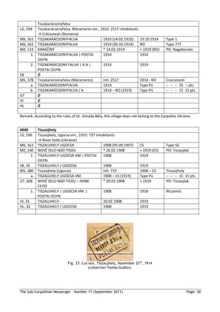 Tiszakarácsonyfalva
LG, 594       Tiszakarácsonyfalva, Máramaros vm., 1910: 2517 inhabitants
              → Crăciuneşti (Romania)
M6, 561       TISZAKARÁCSONYFALVA                  1910 (14.02.1910)       10.10.1914    Type 1
M6, 561       TISZAKARÁCSONYFALVA                  1914 (30.10.1914)       RO            Type 777
MZ, 133       KARAČINY                             * 14.02.1914            + 1919 (RO)   PO: Nagybocskó
      1.      TISZAKARÁCSONYFALVA | POSTAI         1914                    1914
              ÜGYN.
         2.   TISZAKARÁCSONY FALVA | A A |         1914                    1919
              POSTAI ÜGYN.
SB            Ø
MS, 378       Tiszakarácsonyfalva (Máramaros)      Inh: 2517               1914 - RO     Craciunesti
      a.      TISZAKARÁCSONYFALVA                  1914                    Type Pü       -- -- -- 35 -- pts
      b.      TISZAKARÁCSONYFALVA / A              1914 – RO (1919)        Type Pü       -- -- -- 15 15 pts
GT            Ø
JV            Ø
HL            Ø

Remark: According to the rules of Dr. Simády Béla, this village does not belong to the Carpatho Ukraine.


#040          Tiszaújhely
LG, 596       Tiszaújhely, Ugocsa vm., 1910: 737 inhabitants
              → Nove Szelo (Ukraine)
M6, 561       TISZAUJHELY UGOCSA                     1908 (05.09.1907)     CS            Type 56
MZ, 140       NOVÉ SELO NAD TISOU                    * 20.02.1908          + 1919 (CS)   PO: Tiszaujlak
      1.      TISZAUJHELY UGOCSA VM | POSTAI         1908                  1919
              ÜGYN.
SB, 35        TISZAUJHELY / UGOCSA                   1908                  1919
MS, 380       Tiszaújhely (Ugocsa)                   Inh: 737              1908 – CS     Tiszaújhely
       a.     TISZAÚJHELY UGOCSA VM.                 1908 – CS (1919)      Type Pü       -- -- -- 15 15 pts
GT, 606       NOVÉ SELO NAD TISOU – HOBE             * 20.02.1908          + 1919        PO: Tiszaújlak
              CEЛO
         1.   TISZAUJHELY | UGOCSA VM. |             1908                  1918          90 points
              POSTAI ÜGYN.
JV, 31        TISZAUJHELY                            20.02.1908            1919
HL, 32        TISZAÚJHELY / UGOCSA                   1908                  1919




                               Fig. 33: Cut-out, Tiszaujhely, November 23rd, 1914
                                            (collection Tamás Gudlin).




The Sub-Carpathian Messenger – Number 17 (September 2011)                                            Page: 30
 