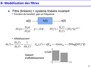 16
B- Modélisation des filtres
► Filtre (linéaire) = système linéaire invariant
• Fonction de transfert, gain en fréquence
• Affaiblissement
e(t) s(t)
h(t)
)
(
)
(
)
(
)
(
)
(
,
2
,
)
(
)
(
)
( f
j
e
f
H
f
E
f
S
f
H
f
j
p
p
E
p
S
p
H 
 =
=
=
=
)
)
(
log(
20
)
(
,
)
(
1
)
(
)
(
)
( f
H
Gain
Aff
f
A
f
H
f
S
f
E
f
A dB
dB
dB −
=
−
=
=
=
=
Gabarit
d’affaiblissement
f
A(f)dB
 