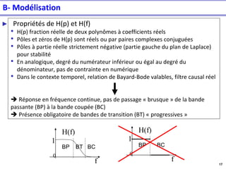 17
B- Modélisation
► Propriétés de H(p) et H(f)
• H(p) fraction réelle de deux polynômes à coefficients réels
• Pôles et zéros de H(p) sont réels ou par paires complexes conjuguées
• Pôles à partie réelle strictement négative (partie gauche du plan de Laplace)
pour stabilité
• En analogique, degré du numérateur inférieur ou égal au degré du
dénominateur, pas de contrainte en numérique
• Dans le contexte temporel, relation de Bayard-Bode valables, filtre causal réel
➔ Réponse en fréquence continue, pas de passage « brusque » de la bande
passante (BP) à la bande coupée (BC)
➔ Présence obligatoire de bandes de transition (BT) « progressives »
f
H(f)
BP BT BC
1
0
f
H(f)
BP BC
1
0
 