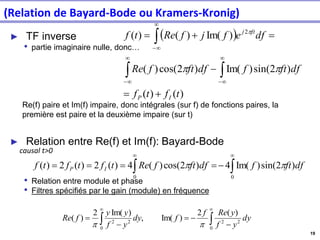 19
► TF inverse
• partie imaginaire nulle, donc…
Re(f) paire et Im(f) impaire, donc intégrales (sur f) de fonctions paires, la
première est paire et la deuxième impaire (sur t)
► Relation entre Re(f) et Im(f): Bayard-Bode
• Relation entre module et phase
• Filtres spécifiés par le gain (module) en fréquence
( )
)
(
)
(
)
2
sin(
)
Im(
)
2
cos(
)
(
)
Im(
)
(
)
( 2
t
f
t
f
df
ft
f
df
ft
f
Re
df
e
f
j
f
Re
t
f
I
P
ft
j
+
=
−
=
+
=
 



−


−


−







−
=
=
=
=
0
0
)
2
sin(
)
Im(
4
)
2
cos(
)
(
4
)
(
2
)
(
2
)
( df
ft
f
df
ft
f
Re
t
f
t
f
t
f I
P 





−
−
=
−
=
0
2
2
0
2
2
)
(
2
)
Im(
,
)
Im(
2
)
( dy
y
f
y
Re
f
f
dy
y
f
y
y
f
Re


causal t>0
(Relation de Bayard-Bode ou Kramers-Kronig)
 