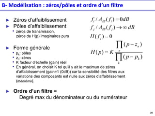 20
► Zéros d’affaiblissement
► Pôles d’affaiblissement
• zéros de transmission,
zéros de H(p) imaginaires purs
► Forme générale
• pk: pôles
• zn: zéros
• K facteur d’échelle (gain) réel
• En général, on choisit K tel qu’il y ait le maximun de zéros
d’affaiblissement (gain=1 (0dB)) car la sensibilité des filtres aux
variations des composants est nulle aux zéros d’affaiblissement
(théorème).
► Ordre d’un filtre =
Degré max du dénominateur ou du numérateur
dB
f
A
f i
dB
i 0
)
(
/ =
0
)
(
)
(
/
=

→
j
j
dB
j
f
H
dB
f
A
f


−
−
=
k
k
n
n
p
p
z
p
K
p
H
)
(
)
(
)
(
B- Modélisation : zéros/pôles et ordre d’un filtre
 