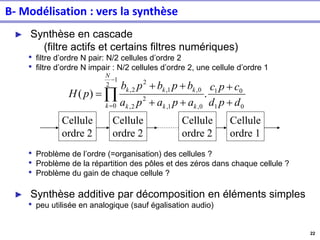 22
► Synthèse en cascade
(filtre actifs et certains filtres numériques)
• filtre d’ordre N pair: N/2 cellules d’ordre 2
• filtre d’ordre N impair : N/2 cellules d’ordre 2, une cellule d’ordre 1
• Problème de l’ordre (=organisation) des cellules ?
• Problème de la répartition des pôles et des zéros dans chaque cellule ?
• Problème du gain de chaque cellule ?
► Synthèse additive par décomposition en éléments simples
• peu utilisée en analogique (sauf égalisation audio)
0
1
0
1
1
2
0 0
,
1
,
2
2
,
0
,
1
,
2
2
,
.
)
(
d
p
d
c
p
c
a
p
a
p
a
b
p
b
p
b
p
H
N
k k
k
k
k
k
k
+
+
+
+
+
+
= 
−
=
Cellule
ordre 2
Cellule
ordre 2
Cellule
ordre 2
Cellule
ordre 1
B- Modélisation : vers la synthèse
 