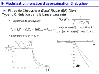 43
► Filtres de Chebyshev( Equal Ripple (ER) filters)
Type I : Ondulation dans la bande passante
• Polynômes de Chebyshev
• Exemples: n=3 et n=4, b=1
)
(
1
1
)
(
2
2
W
+
=
W
n
n
T
b
j
H
2
1
1
b
+
W
W
dB
𝑇0 = 1, 𝑇1 = Ω, 𝑇𝑛 = 2Ω𝑇𝑛−1 − 𝑇𝑛−2 =
cos 𝑛 𝑎𝑟𝑐𝑜𝑠 Ω 𝑝𝑜𝑢𝑟 Ω ≤ 1
cosh 𝑛 𝑎𝑟𝑐𝑜𝑠ℎ Ω 𝑝𝑜𝑢𝑟 Ω > 1
B- Modélisation: fonction d’approximation Chebyshev
 