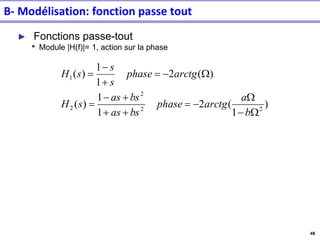 48
► Fonctions passe-tout
• Module |H(f)|= 1, action sur la phase
)
1
(
2
1
1
)
(
)
(
2
1
1
)
(
2
2
2
2
1
W
−
W
−
=
+
+
+
−
=
W
−
=
+
−
=
b
a
arctg
phase
bs
as
bs
as
s
H
arctg
phase
s
s
s
H
B- Modélisation: fonction passe tout
 