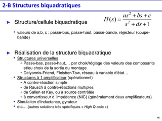 10
► Structure/cellule biquadratique
• valeurs de a,b, c : passe-bas, passe-haut, passe-bande, réjecteur (coupe-
bande)
► Réalisation de la structure biquadratique
• Structures universelles
• Passe-bas, passe-haut,… par choix/réglage des valeurs des composants
et/ou choix de la sortie du montage
• Delyannis-Friend, Fleisher-Tow, réseau à variable d’état…
• Structures à 1 amplificateur (opérationnel)
• A contre-réaction simple
• de Rausch à contre-réactions multiples
• de Sallen et Key, ou à source contrôlée
• à convertisseur d ’impédance (NIC) (généralement deux amplificateurs)
• Simulation d’inductance, gyrateur
• etc….(autres solutions très spécifiques « High Q cells »)
1
)
( 2
2
+
+
+
+
=
ds
s
c
bs
as
s
H
2-B Structures biquadratiques
 