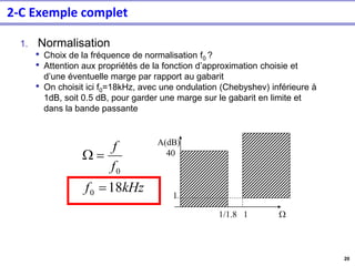20
1. Normalisation
• Choix de la fréquence de normalisation f0 ?
• Attention aux propriétés de la fonction d’approximation choisie et
d’une éventuelle marge par rapport au gabarit
• On choisit ici f0=18kHz, avec une ondulation (Chebyshev) inférieure à
1dB, soit 0.5 dB, pour garder une marge sur le gabarit en limite et
dans la bande passante
kHz
f
f
f
18
0
0
=
=

1/1.8 1 
A(dB)
40
1
2-C Exemple complet
 