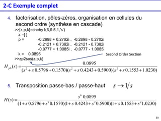 23
4. factorisation, pôles-zéros, organisation en cellules du
second ordre (synthèse en cascade)
>>[z,p,k]=cheby1(6,0.5,1,'s')
z =[ ]
p = -0.2898 + 0.2702i , -0.2898 - 0.2702i
-0.2121 + 0.7382i , -0.2121 - 0.7382i
-0.0777 + 1.0085i , -0.0777 - 1.0085i
k = 0.0895
>>zp2sos(z,p,k)
5. Transposition passe-bas / passe-haut
1.0230)
0.1553
0.5900)(
0.4243
0.1570)(
0.5796
(
0.0895
)
( 2
2
2
+
+
+
+
+
+
=
s
s
s
s
s
s
s
H pb
s
s 1
→
1.0230)
0.1553
1
0.5900)(
0.4243
1
0.1570)(
0.5796
(1
0.0895
)
( 2
2
2
6
s
s
s
s
s
s
s
s
H
+
+
+
+
+
+
=
2-C Exemple complet
Second Order Section
 