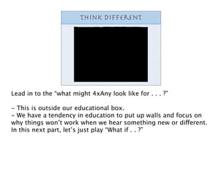 Think Different




Lead in to the “what might 4xAny look like for . . . ?”

- This is outside our educational box.
- We have a tendency in education to put up walls and focus on
why things won’t work when we hear something new or different.
In this next part, let’s just play “What if . . ?”
 