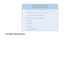 Any Time, Any Place,
                              Any Way, any pace
                     What might “4xAny” look like for ____ ?
                      Classrooms and schools as buildings

                      Teacher roles and expectations

                      Student roles and expectations

                      Grading

                      Proﬁciency

                      Pedagogy

                      School schedules



- Group discussion
 