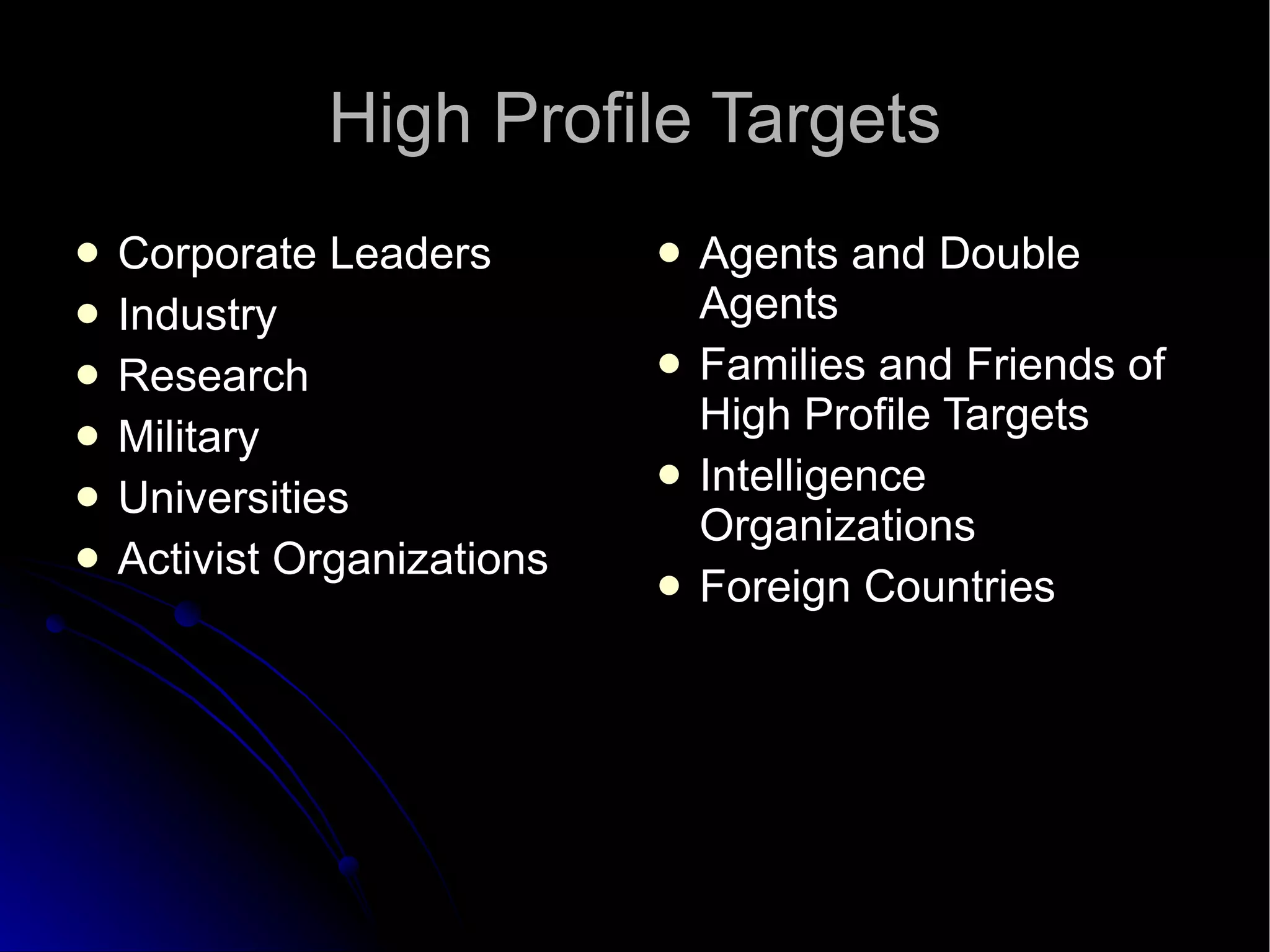 High Profile Targets Corporate Leaders Industry Research Military Universities Activist Organizations Agents and Double Agents Families and Friends of High Profile Targets Intelligence Organizations Foreign Countries 