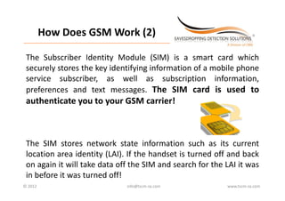 How Does GSM Work (2)
         How Does GSM Work (2)
________________________________________________________________________



 The Subscriber Identity Module
 Th S b ib Id i M d l (SIM) i a smart card which
                                           is              d hi h
 securely stores the key identifying information of a mobile phone
 service subscriber as well as subscription information
           subscriber,                                 information,
 preferences and text messages. The SIM card is used to
 authenticate you to your GSM carrier!



 The SIM stores network state information such as its current
 location area identity (LAI). If the handset is turned off and back
 on again it will take data off the SIM and search for the LAI it was
 in before it was turned off!
© 2012                                            info@tscm‐za.com         www.tscm‐za.com
 