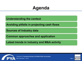 Page 1Date: December 1, 2014
Prepared for Tennessee Society of Certified Public Accountants
Agenda
Understanding the context
Avoiding pitfalls in projecting cash flows
Sources of industry data
Common approaches and application
Latest trends in industry and M&A activity
 