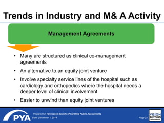 Page 22Date: December 1, 2014
Prepared for Tennessee Society of Certified Public Accountants
Trends in Industry and M& A Activity
• Many are structured as clinical co-management
agreements
• An alternative to an equity joint venture
• Involve specialty service lines of the hospital such as
cardiology and orthopedics where the hospital needs a
deeper level of clinical involvement
• Easier to unwind than equity joint ventures
Management Agreements
 