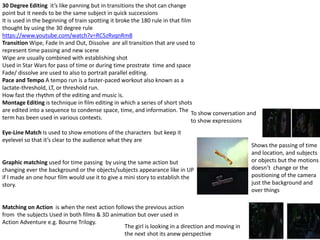 30 Degree Editing it’s like panning but in transitions the shot can change
point but it needs to be the same subject in quick successions
It is used in the beginning of train spotting it broke the 180 rule in that film
thought by using the 30 degree rule
https://www.youtube.com/watch?v=RC5zRvqnRm8
Transition Wipe, Fade In and Out, Dissolve are all transition that are used to
represent time passing and new scene
Wipe are usually combined with establishing shot
Used in Star Wars for pass of time or during time prostrate time and space
Fade/ dissolve are used to also to portrait parallel editing.
Pace and Tempo A tempo run is a faster-paced workout also known as a
lactate-threshold, LT, or threshold run.
How fast the rhythm of the editing and music is.
Montage Editing is technique in film editing in which a series of short shots
are edited into a sequence to condense space, time, and information. The
term has been used in various contexts.
Eye-Line Match Is used to show emotions of the characters but keep it
eyelevel so that it’s clear to the audience what they are
Graphic matching used for time passing by using the same action but
changing ever the background or the objects/subjects appearance like in UP
if I made an one hour film would use it to give a mini story to establish the
story.
Matching on Action is when the next action follows the previous action
from the subjects Used in both films & 3D animation but over used in
Action Adventure e.g. Bourne Trilogy.
To show conversation and
to show expressions
The girl is looking in a direction and moving in
the next shot its anew perspective
Shows the passing of time
and location, and subjects
or objects but the motions
doesn’t change or the
positioning of the camera
just the background and
over things
 