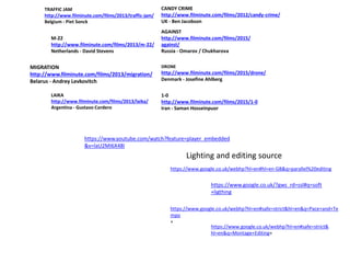CANDY CRIME
http://www.filminute.com/films/2012/candy-crime/
UK - Ben Jacobson
AGAINST
http://www.filminute.com/films/2015/
against/
Russia - Omarov / Chukharova
DRONE
http://www.filminute.com/films/2015/drone/
Denmark - Josefine Ahlberg
1-0
http://www.filminute.com/films/2015/1-0
Iran - Saman Hosseinpuor
LAIKA
http://www.filminute.com/films/2013/laika/
Argentina - Gustavo Cordero
MIGRATION
http://www.filminute.com/films/2013/migration/
Belarus - Andrey Levkovitch
https://www.youtube.com/watch?feature=player_embedded
&v=laU2MI6X48I
M-22
http://www.filminute.com/films/2013/m-22/
Netherlands - David Stevens
TRAFFIC JAM
http://www.filminute.com/films/2013/traffic-jam/
Belgium - Piet Sonck
https://www.google.co.uk/webhp?hl=en#safe=strict&hl=en&q=Pace+and+Te
mpo
+
https://www.google.co.uk/webhp?hl=en#safe=strict&
hl=en&q=Montage+Editing+
https://www.google.co.uk/?gws_rd=ssl#q=soft
+ligthing
Lighting and editing source
https://www.google.co.uk/webhp?hl=en#hl=en-GB&q=parallel%20editing
 