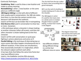 Establishing Shot is used to show a new location and
made to convey meaning
Reestablishing is when a new location or the same
place jus a different angle
180 Degree Editing is a shot with allot of different
shot usually used in conversations the 180 rule states
that there is a line that the camera cannot cross
because it will disorient the audience.
Used in all film but can be broken like in trainspotting
Shot Reverse Shot used in conversation to show two
or more characters
a film technique where a character is shown looking
at another character (often off-screen), and then the
other character is shown looking back at the first
character
Used in all film with conversation or quick pace
fighting in actions adventures and some sci-fi
Parallel Editing is the technique of alternating two or
more scenes that often happen simultaneously but in
different locations. If the scenes are simultaneous,
they occasionally concludes in a single place, where
the relevant subject confront each other.
it has two shots that follow the same time frame but
may have different story.
Used in the Godfather and the fifth elements
https://www.youtube.com/watch?v=S_I82117oAw
Continuity Techniques The city shot from the sky is taken
to show a new surrounding that is a
grand metropole.
007 is on the roof of a building in
London looking out it’s also an over
the shoulder.
The 180 degree in action
It’s used for shot revers shot
or a whole scene it is broken
thought if there is parallel
editing, it shows how it works
in the diagram
The diagram shows how
shot reverse shot works and
the rules of how to film.
two different children
doing different things
in a similar but
different mise en scene
 