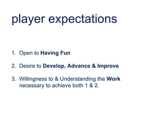 player expectations
1. Open to Having Fun
2. Desire to Develop, Advance & Improve
3. Willingness to & Understanding the Work
necessary to achieve both 1 & 2.
 