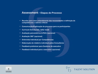 Assessment - Etapas do Processo

• Reunião para claro entendimento das necessidades e definição de
  competências e valores críticos

• Comunicação/Explicação do processo para os participantes

• Currículo Estruturado, tailor made

• Avaliação psicométrica (LPA®) (opcional)

• Avaliação 360° (opcional)

• Entrevista Individual por Competências

• Elaboração do relatório individual pelos Consultores

• Feedback preliminar para Gestores do executivo

• Feedback individual para o executivo (opcional)
 
