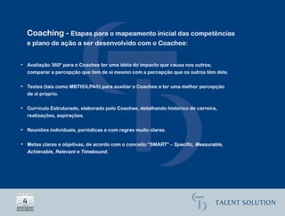 Coaching - Etapas para o mapeamento inicial das competências
  e plano de ação a ser desenvolvido com o Coachee:


• Avaliação 360º para o Coachee ter uma idéia do impacto que causa nos outros;
  comparar a percepção que tem de si mesmo com a percepção que os outros têm dele.

• Testes (tais como MBTI®/LPA®) para auxiliar o Coachee a ter uma melhor percepção
  de si próprio.

• Currículo Estruturado, elaborado pelo Coachee, detalhando histórico de carreira,
  realizações, aspirações.

• Reuniões individuais, periódicas e com regras muito claras.


• Metas claras e objetivas, de acordo com o conceito “SMART” – Specific, Measurable,
  Achievable, Relevant e Timebound.
 