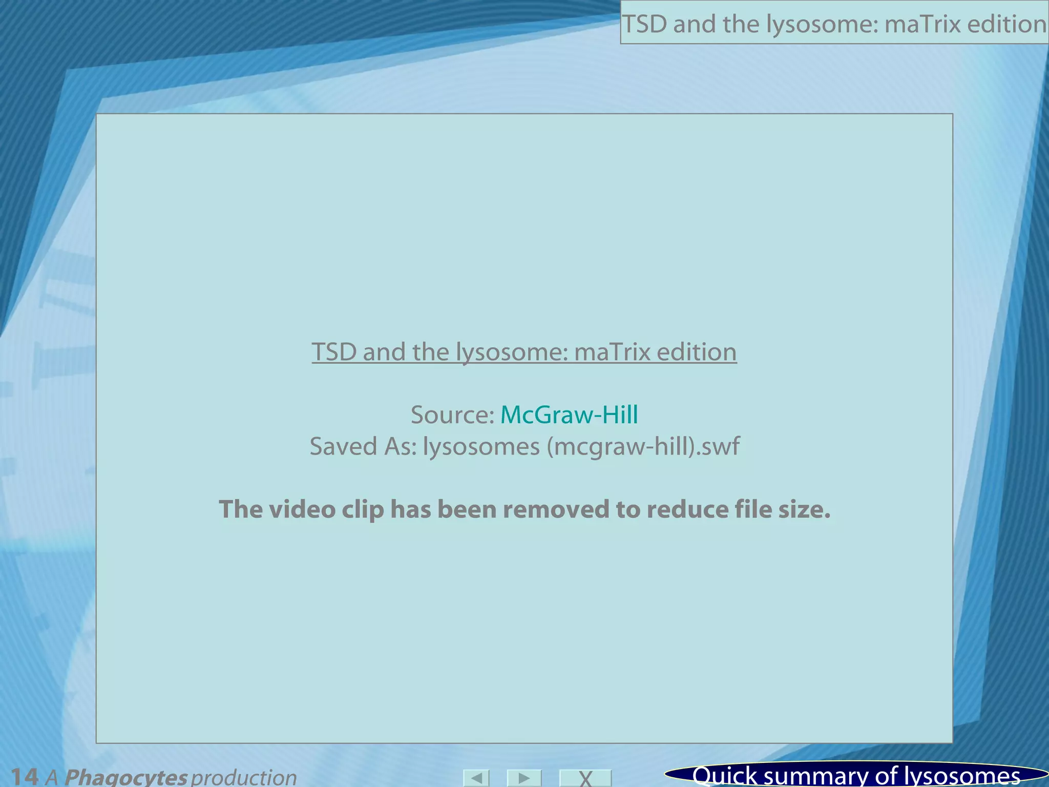 X Quick summary of lysosomes TSD and the lysosome: maTrix edition Source:  McGraw-Hill Saved As: lysosomes (mcgraw-hill).swf The video clip has been removed to reduce file size. 