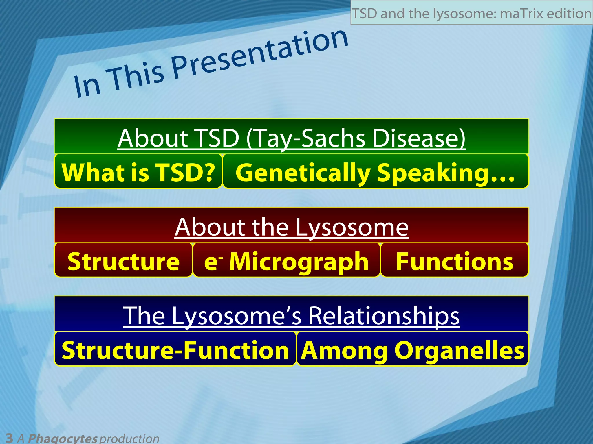 In This Presentation What is TSD? Genetically Speaking… e -  Micrograph Functions About TSD (Tay-Sachs Disease) Structure About the Lysosome Structure-Function Among Organelles The Lysosome’s Relationships 