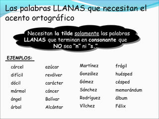 Necesitan la tilde solamente las palabras
LLANAS que terminan en consonante que
NO sea “n” ni “s.”
EJEMPLOS:
cárcel
difícil
dócil
mármol
ángel
árbol
azúcar
revólver
carácter
cáncer
Bolívar
Alcántar
frágil
huésped
césped
memorándum
álbum
Félix
Martínez
González
Gómez
Sánchez
Rodríguez
Vílchez
 