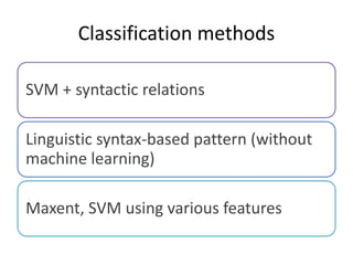 Classification methods
SVM + syntactic relations
Linguistic syntax-based pattern (without
machine learning)
Maxent, SVM using various features
 