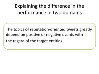 Explaining the difference in the
performance in two domains
The topics of reputation-oriented tweets greatly
depend on positive or negative events with
the regard of the target entities
 