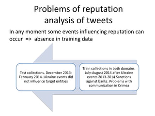 Problems of reputation
analysis of tweets
In any moment some events influencing reputation can
occur => absence in training data
Test collections. December 2013-
February 2014. Ukraine events did
not influence target entities
Train collections in both domains.
July-August 2014 after Ukraine
events 2013-2014 Sanctions
against banks. Problems with
communication in Crimea
 