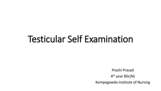 Testicular Self Examination
Prachi Prasad
4th year BSc(N)
Kempegowda Institute of Nursing
 