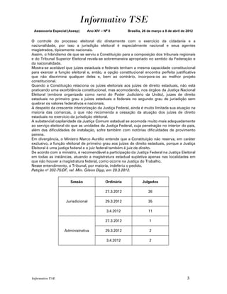 Informativo TSE
 Assessoria Especial (Asesp)    Ano XIV – No 8          Brasília, 26 de março a 8 de abril de 2012


O controle do processo eleitoral diz diretamente com o exercício da cidadania e a
nacionalidade, por isso a jurisdição eleitoral é especialmente nacional e seus agentes
magistrados, tipicamente nacionais.
Assim, o hibridismo de que se serviu a Constituição para a composição dos tribunais regionais
e do Tribunal Superior Eleitoral revela-se sobremaneira apropriado no sentido da Federação e
da nacionalidade.
Mostra-se aceitável que juízes estaduais e federais tenham a mesma capacidade constitucional
para exercer a função eleitoral e, então, a opção constitucional encontra perfeita justificativa
que não discrimina qualquer deles e, bem ao contrário, incorpora-os ao melhor projeto
constitucional.
Quando a Constituição relaciona os juízes eleitorais aos juízes de direito estaduais, não está
praticando uma exorbitância constitucional, mas acomodando, nos órgãos da Justiça Nacional
Eleitoral (embora organizada como ramo do Poder Judiciário da União), juízes de direito
estaduais no primeiro grau e juízes estaduais e federais no segundo grau de jurisdição sem
quebrar os valores federativos e nacionais.
A despeito da crescente interiorização da Justiça Federal, ainda é muito limitada sua atuação na
maioria das comarcas, o que não recomenda a cessação da atuação dos juízes de direito
estaduais no exercício da jurisdição eleitoral.
A substancial capilaridade da Justiça Comum estadual se acomoda muito mais adequadamente
ao serviço eleitoral do que as unidades da Justiça Federal, cuja penetração no interior do país,
além das dificuldades de instalação, sofre também com notórias dificuldades de provimento
perene.
Em divergência, o Ministro Marco Aurélio entende que a Constituição não reserva, em caráter
exclusivo, a função eleitoral de primeiro grau aos juízes de direito estaduais, porque a Justiça
Eleitoral é uma justiça federal e o juiz federal também é juiz de direito.
De acordo com o ministro, é recomendável a participação da Justiça Federal na Justiça Eleitoral
em todas as instâncias, atuando a magistratura estadual supletiva apenas nas localidades em
que não houver a magistratura federal, como ocorre na Justiça do Trabalho.
Nesse entendimento, o Tribunal, por maioria, indeferiu o pedido.
Petição no 332-75/DF, rel. Min. Gilson Dipp, em 29.3.2012.


                      Sessão               Ordinária             Julgados

                                           27.3.2012                 26

                    Jurisdicional          29.3.2012                 35

                                           3.4.2012                  11

                                           27.3.2012                 1

                   Administrativa          29.3.2012                 2

                                           3.4.2012                  2




Informativo TSE                                                                               3
 