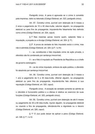Inst nº 1162-41.2011.6.00.0000/DF                                              32




                   Parágrafo único. A pena é agravada se o crime é cometido
pela imprensa, rádio ou televisão (Código Eleitoral, art. 323, parágrafo único).

                   Art. 57. Constitui crime, punível com detenção de 6 meses a
2 anos e pagamento de 10 a 40 dias-multa, caluniar alguém, na propaganda
eleitoral ou para fins de propaganda, imputando-lhe falsamente fato definido
como crime (Código Eleitoral, art. 324, caput).

                   § 1º Nas mesmas penas incorre quem, sabendo falsa a
imputação, a propala ou a divulga (Código Eleitoral, art. 324, § 1º).

                   § 2º A prova da verdade do fato imputado exclui o crime, mas
não é admitida (Código Eleitoral, art. 324, § 2º, I a III):

                   I – se, constituindo o fato imputado crime de ação privada, o
ofendido não foi condenado por sentença irrecorrível;

                   II – se o fato é imputado ao Presidente da República ou a chefe
de governo estrangeiro;

                   III – se do crime imputado, embora de ação pública, o ofendido
foi absolvido por sentença irrecorrível.

                   Art. 58. Constitui crime, punível com detenção de 3 meses a
1 ano e pagamento de 5 a 30 dias-multa, difamar alguém, na propaganda
eleitoral ou para fins de propaganda, imputando-lhe fato ofensivo à sua
reputação (Código Eleitoral, art. 325, caput).

                   Parágrafo único. A exceção da verdade somente se admite se
o ofendido é funcionário público e a ofensa é relativa ao exercício de suas
funções (Código Eleitoral, art. 325, parágrafo único).

                   Art. 59. Constitui crime, punível com detenção de até 6 meses
ou pagamento de 30 a 60 dias-multa, injuriar alguém, na propaganda eleitoral
ou visando a fins de propaganda, ofendendo-lhe a dignidade ou o decoro
(Código Eleitoral, art. 326, caput).

                   § 1º O Juiz pode deixar de aplicar a pena (Código Eleitoral,
art. 326, § 1º, I e II):
 